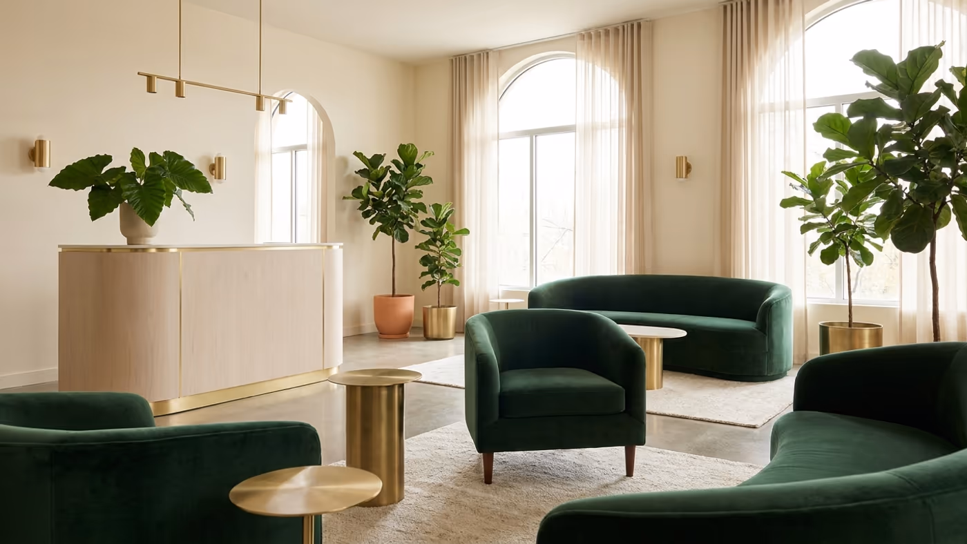 The reception at Wellspring in warm ivory and evergreen tones beneath soft daylight