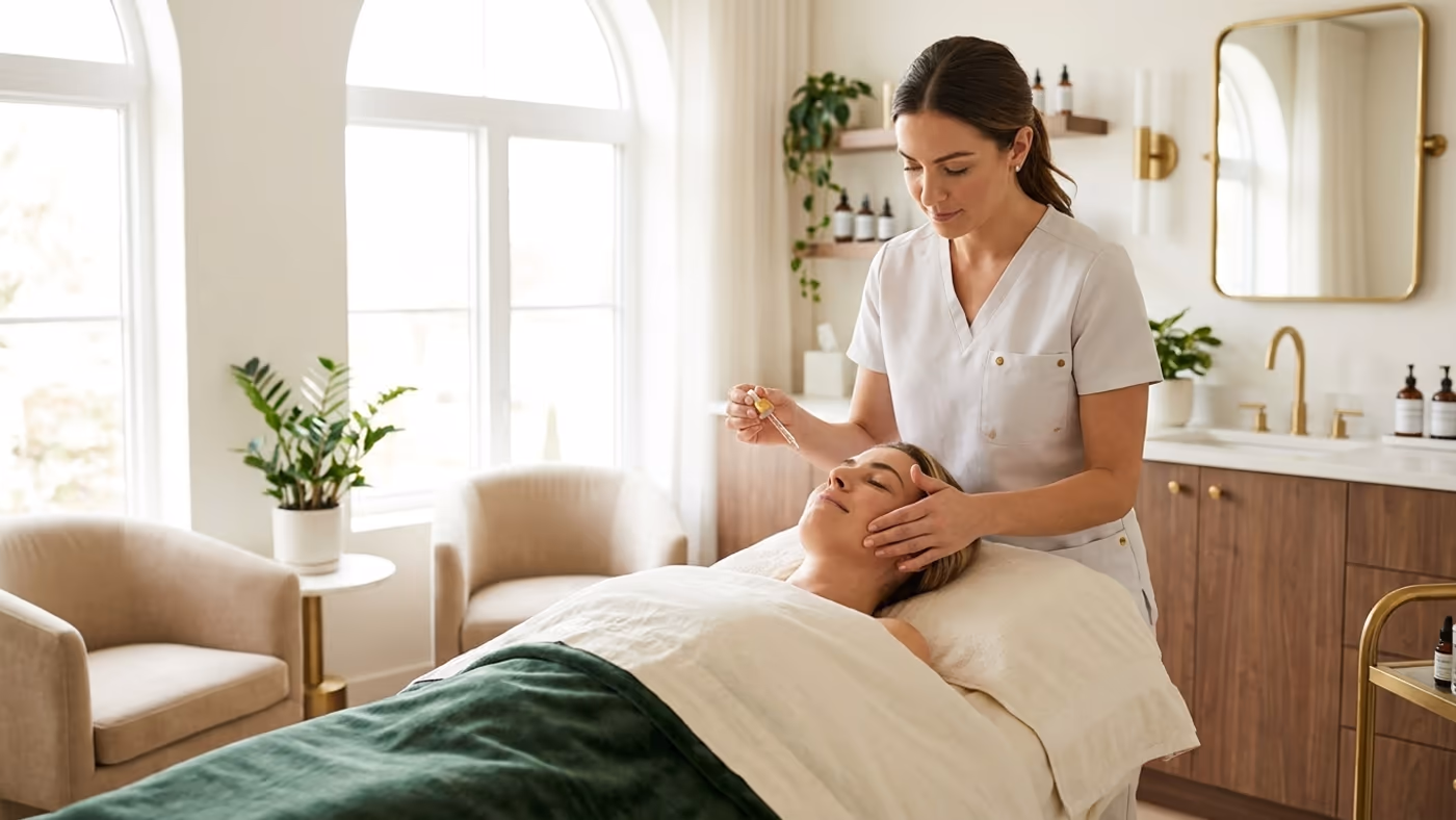 A treatment in progress at Wellspring, the room in warm ivory and evergreen tones beneath soft daylight